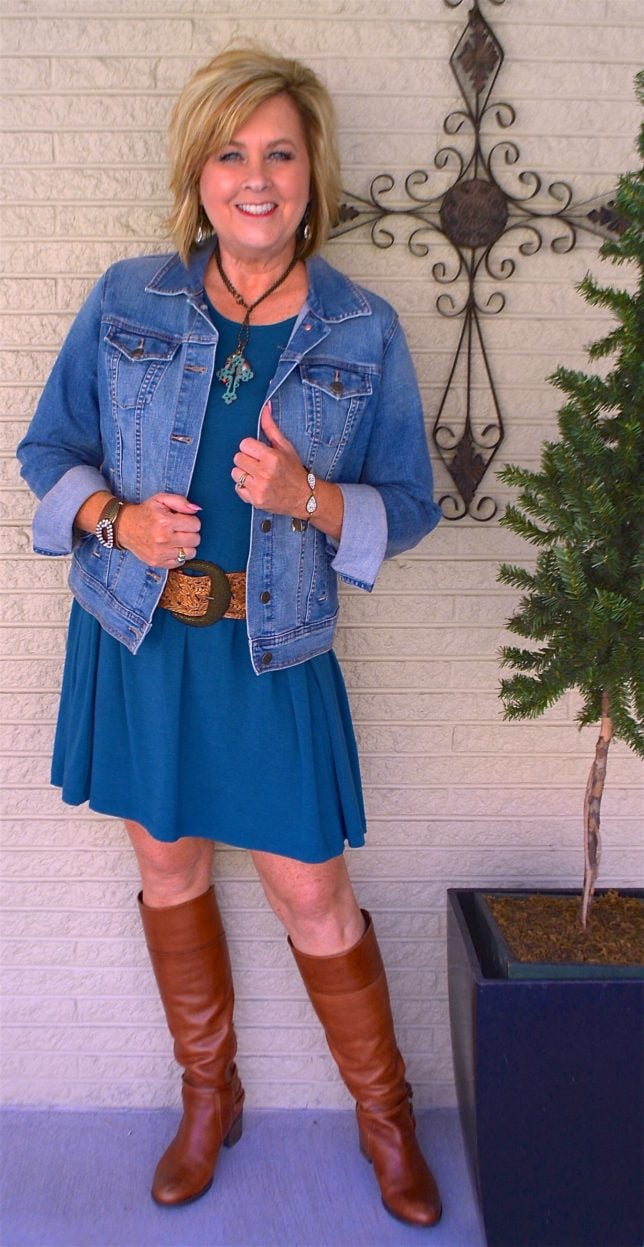 Knee boots with a swing dress and a denim jacket worn by Fashion Blogger 50 Is Not Old