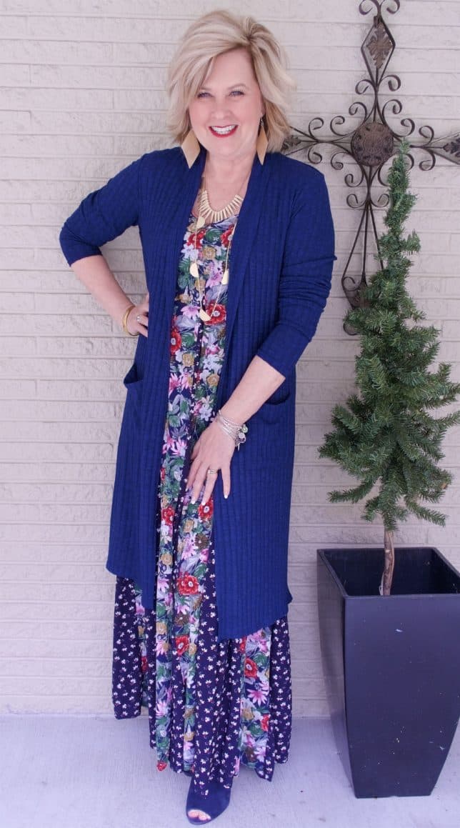 Open toe boots with a floral maxi dress worn by Fashion Blogger 50 Is Not Old