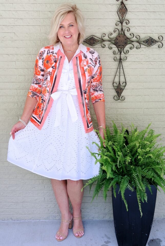 50 IS NOT OLD | A WHITE EYELET SHIRT DRESS AND A CARDIGAN | FASHION OVER 40