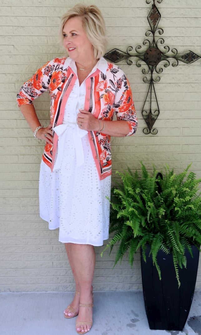 50 IS NOT OLD | A WHITE EYELET SHIRT DRESS AND A CARDIGAN | FASHION OVER 40