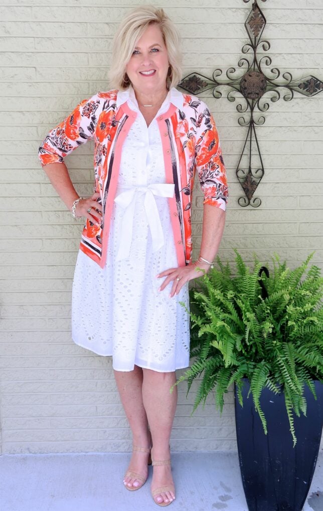 50 IS NOT OLD | A WHITE EYELET SHIRT DRESS AND A CARDIGAN | FASHION OVER 40