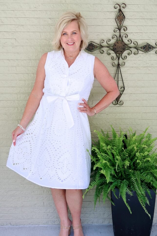 50 IS NOT OLD | A WHITE EYELET SHIRT DRESS AND A CARDIGAN | FASHION OVER 40
