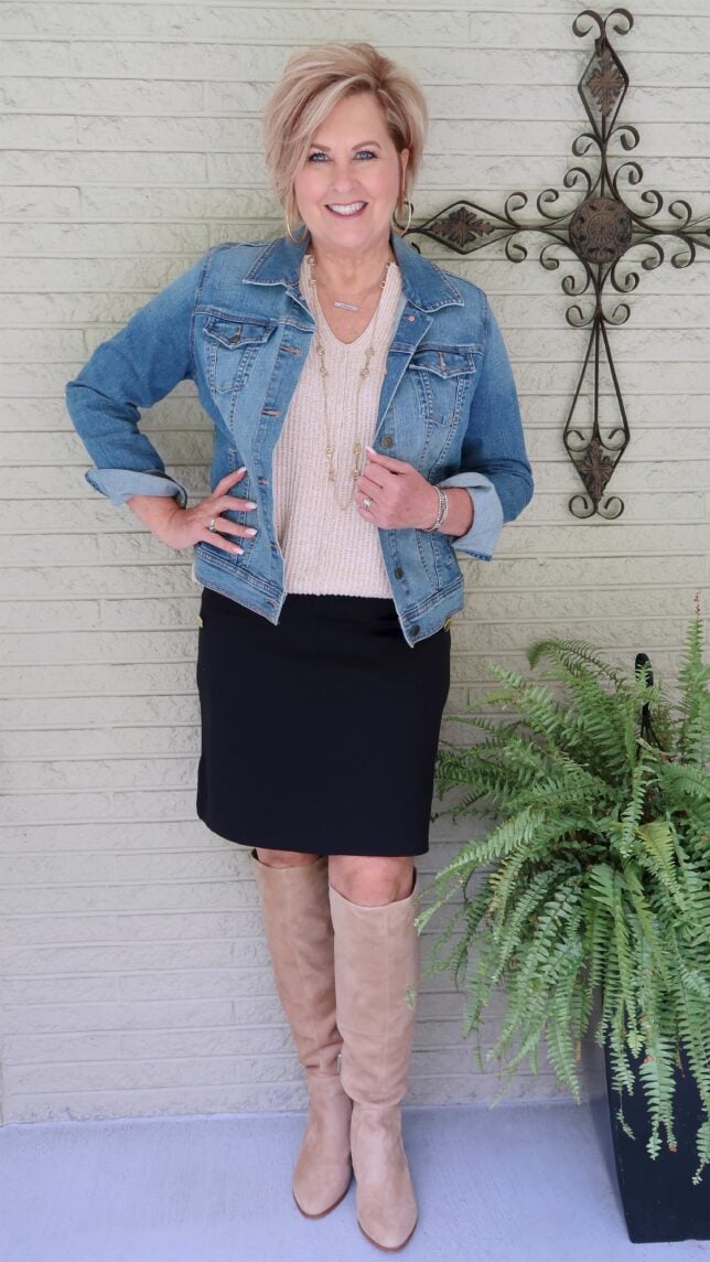 Vince Camuto over the knee boots with a navy pencil skirt and denim jacket worn by Fashion Blogger 50 Is Not Old