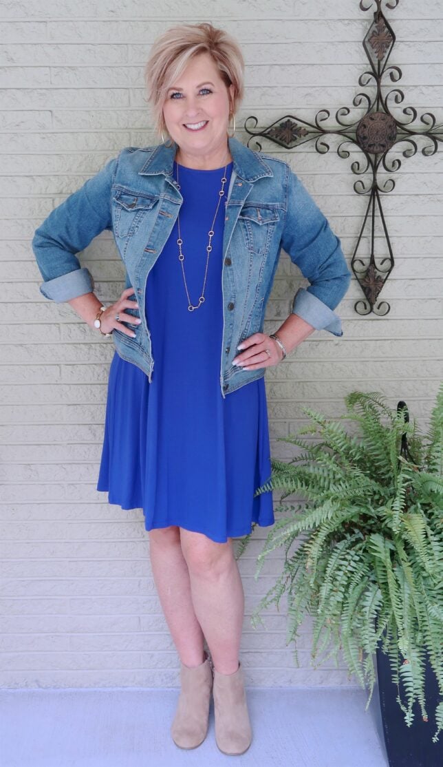 Ankle boots with a knee dress worn by Fashion Blogger 50 Is Not Old