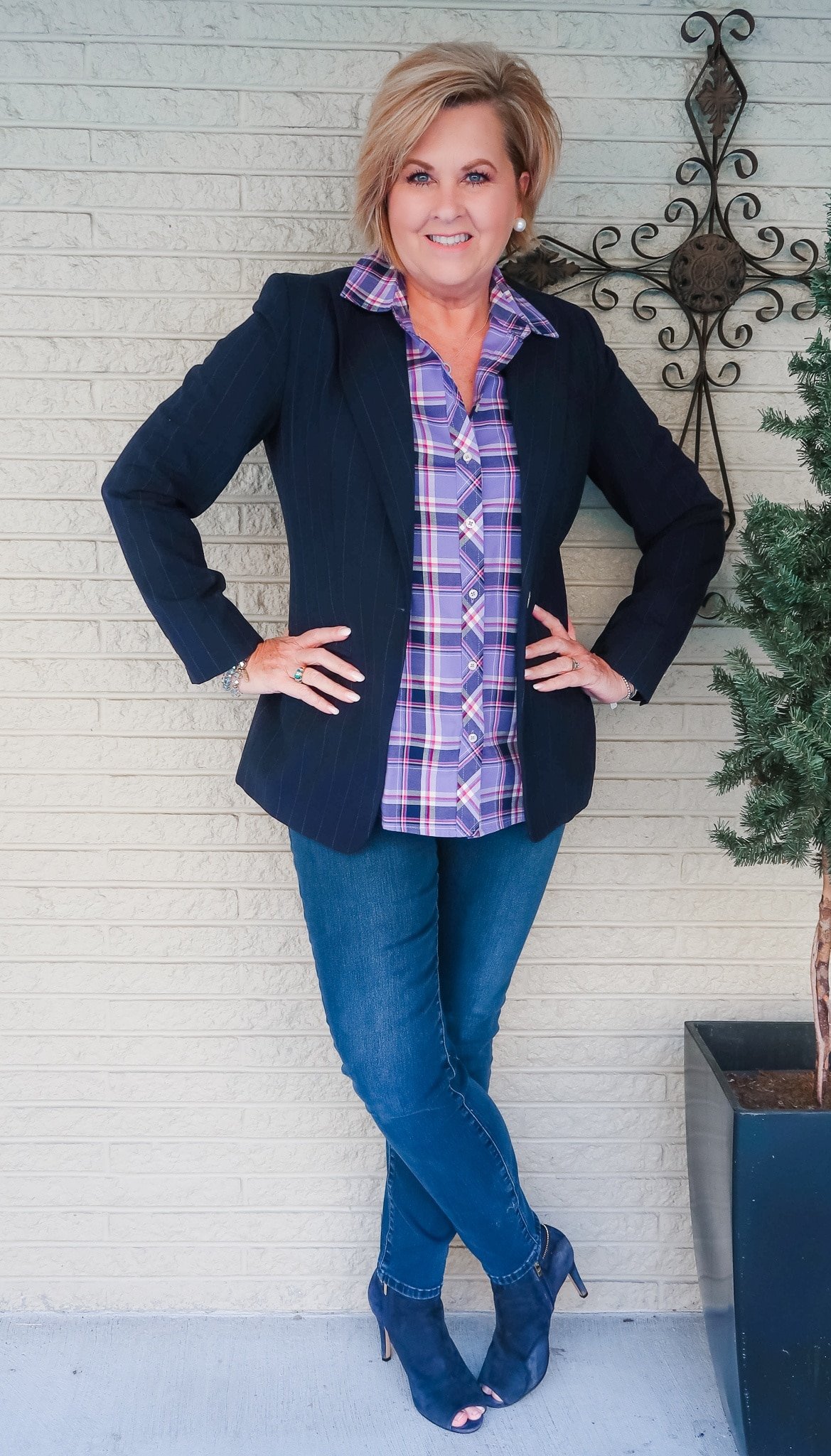 plaid purple shirt and blue blazer