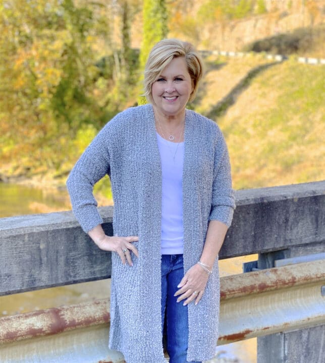 tee shirt, jeans, and a cardigan for a complete style