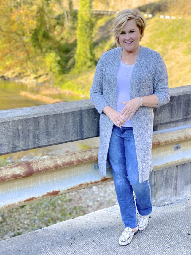 for a complete look add a cardigan to jeans