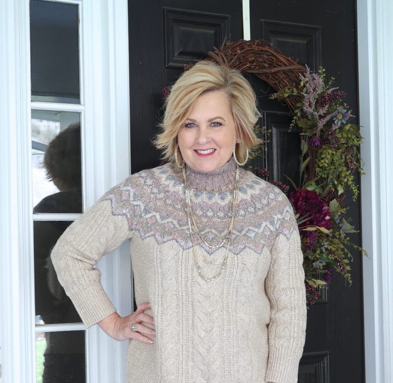 Fashion Blogger 50 Is Not Old styling a monochromatic look with a ecru Fairisle sweater from Chico's