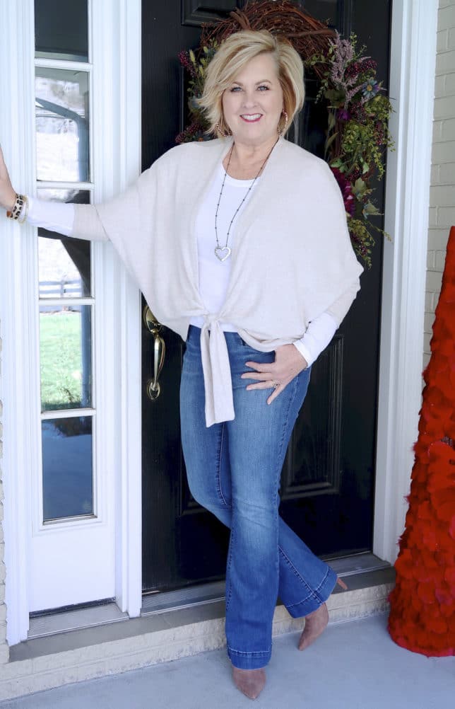 Casual style from Fashion Blogger 50 Is Not Old in a tie-front cardigan from Chico's
