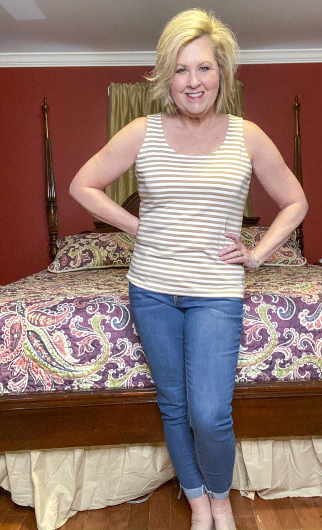 Talbots try on session from Fashion Blogger 50 Is Not Old wearing a rattan and white stripped tank top