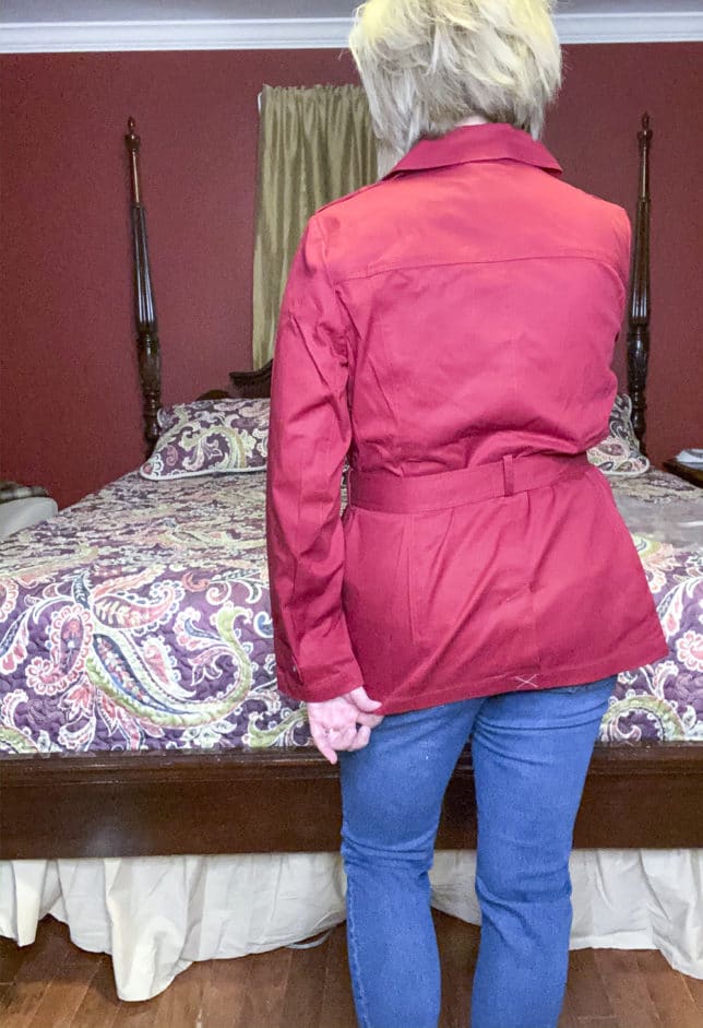 Talbots try on session from Fashion Blogger 50 Is Not Old showing the back of a red trench coat