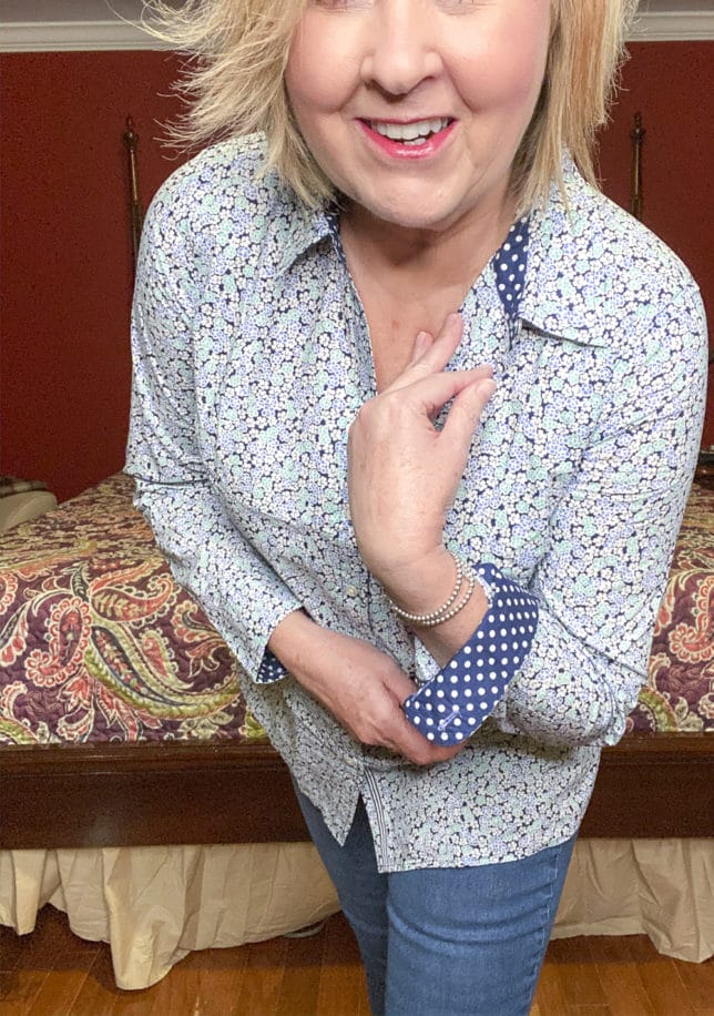 Talbots try on session from Fashion Blogger 50 Is Not Old showing the contrasting print on a floral shirt