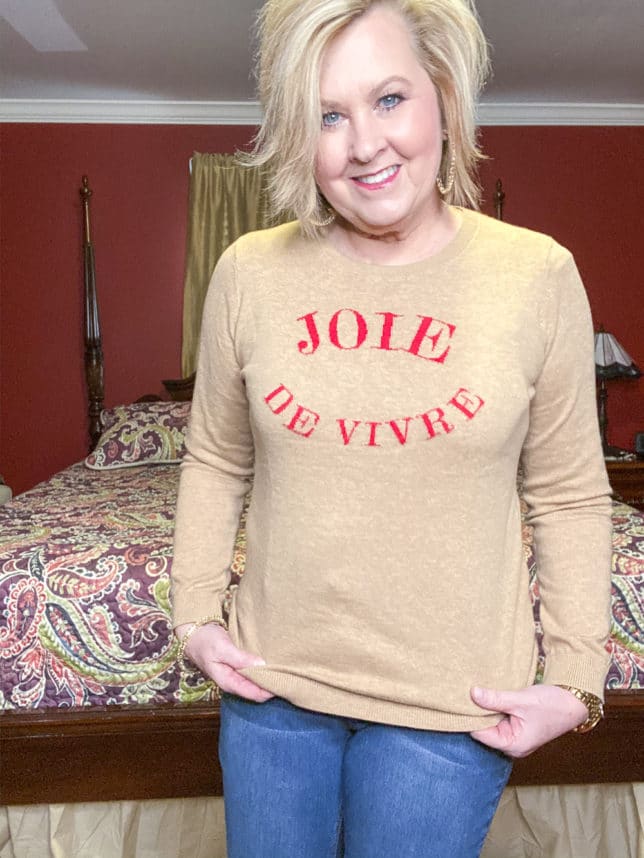 Joie De Vivre message on a tan sweater from Talbots