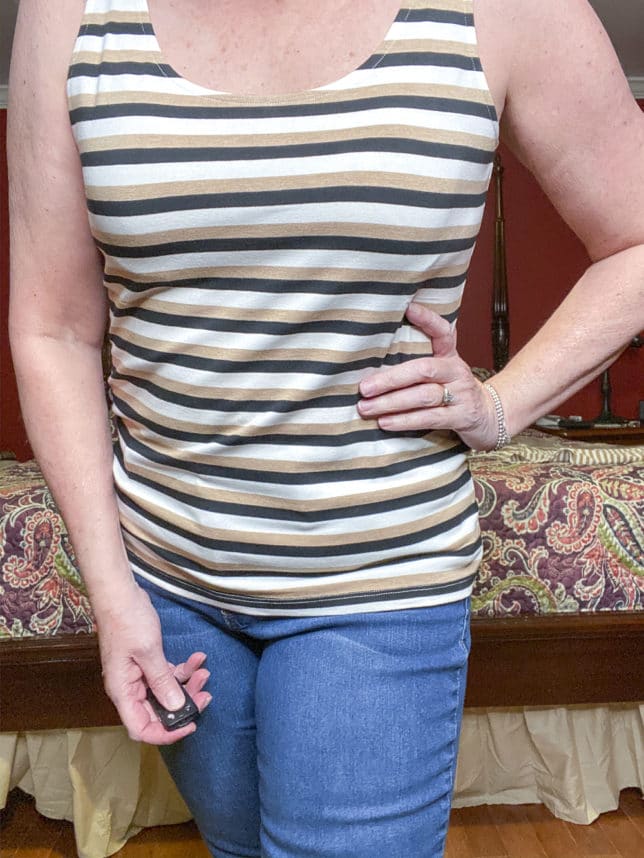 Talbots try on session from Fashion Blogger 50 Is Not Old wearing a black, tan, and white stripped top