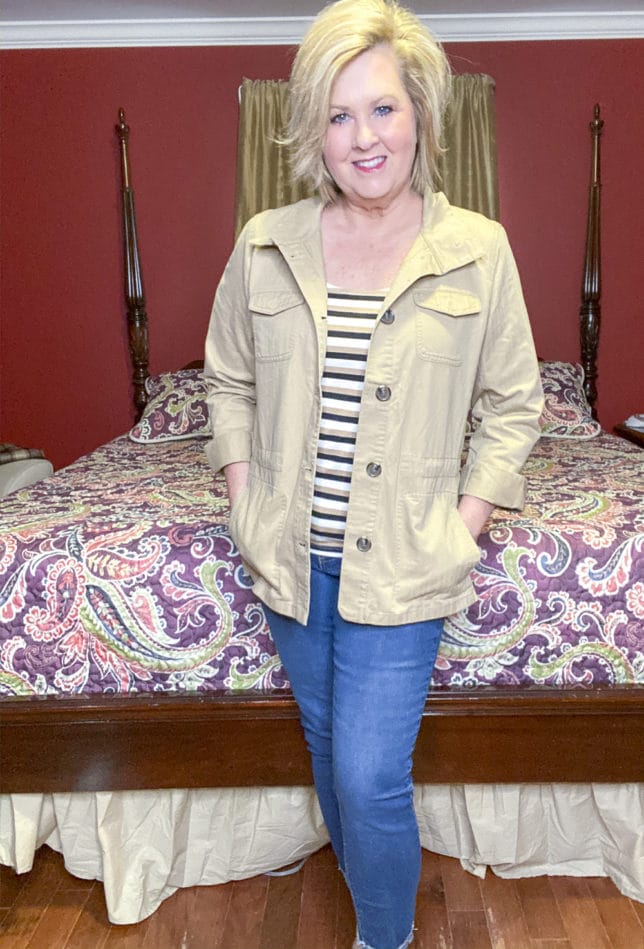 Talbots try on session from Fashion Blogger 50 Is Not Old wearing a safari jacket