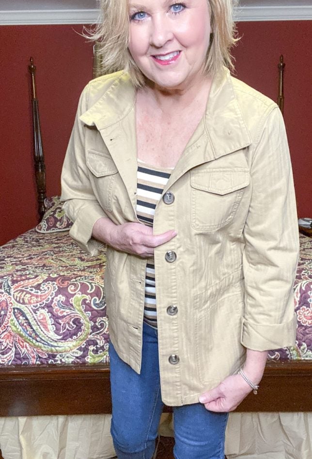 Talbots try on session from Fashion Blogger 50 Is Not Old wearing a safari jacket with buttons