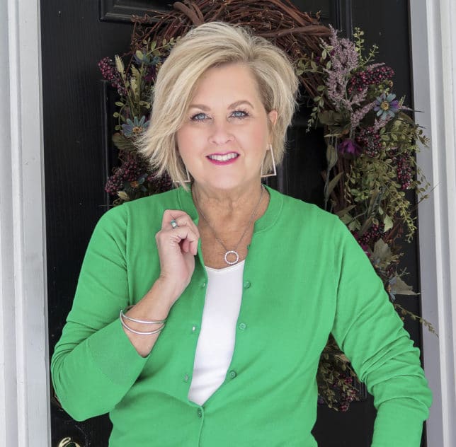 Fashion Blogger 50 Is Not Old is in the mood for spring with this bright green cardigan from J.Crew Factory