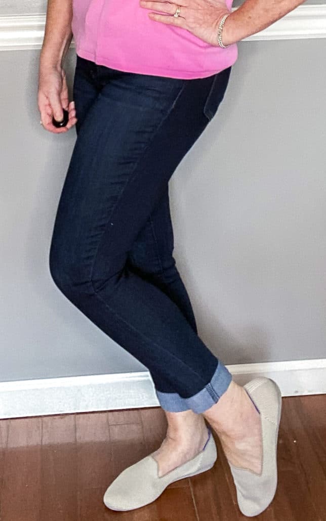 Fashion Blogger 50 Is Not Old showing linen loafers from Rothy's