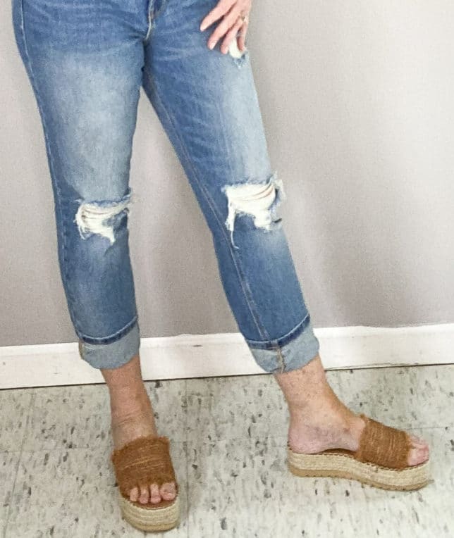 FASHION BLOGGER 50 IS NOT OLD SHOWING COGNAC FRAYED PLATFORM SHOES
