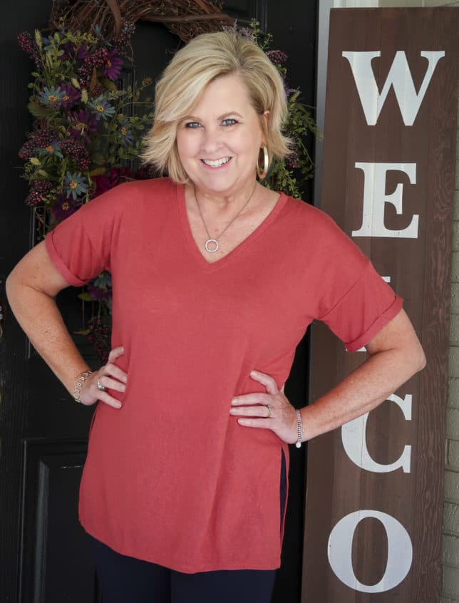 Fashion Blogger 50 Is Not Old is a relaxing rose colored tunic tee