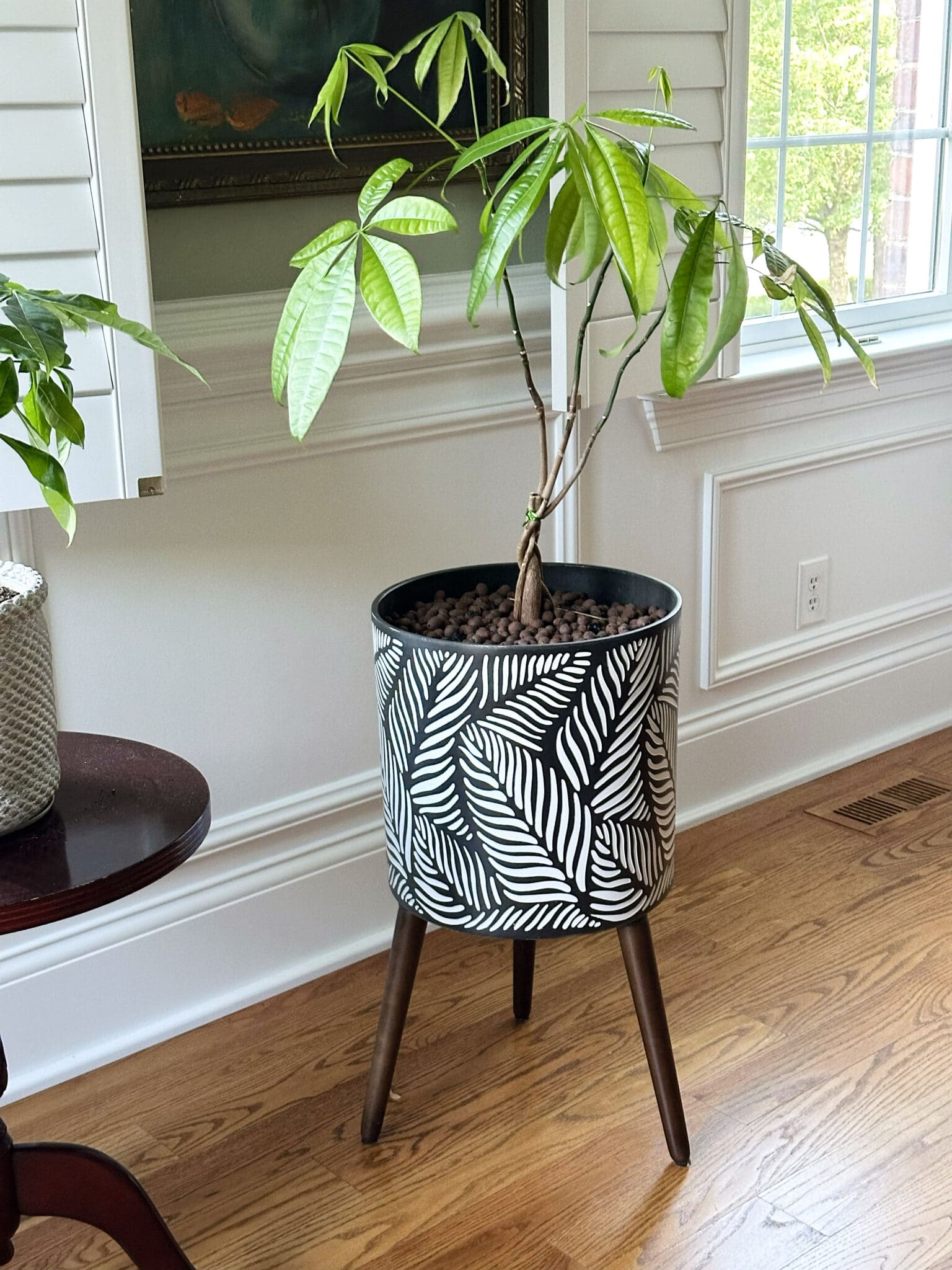Over 50 Fashion Blogger, Tania Stephens is holding a few of her favorite things, a gorgeous Plant stand