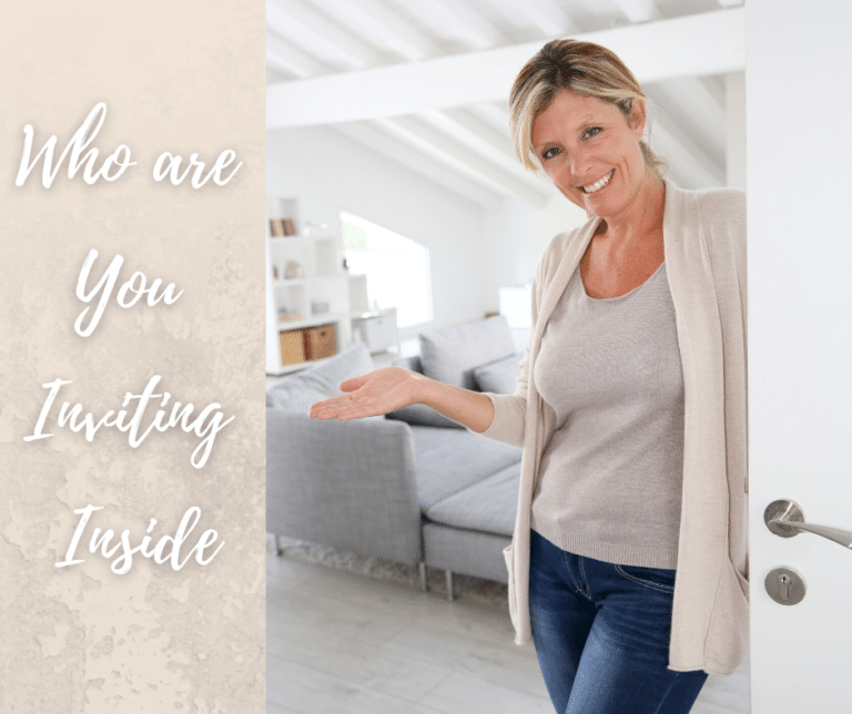 Woman inviting at her door