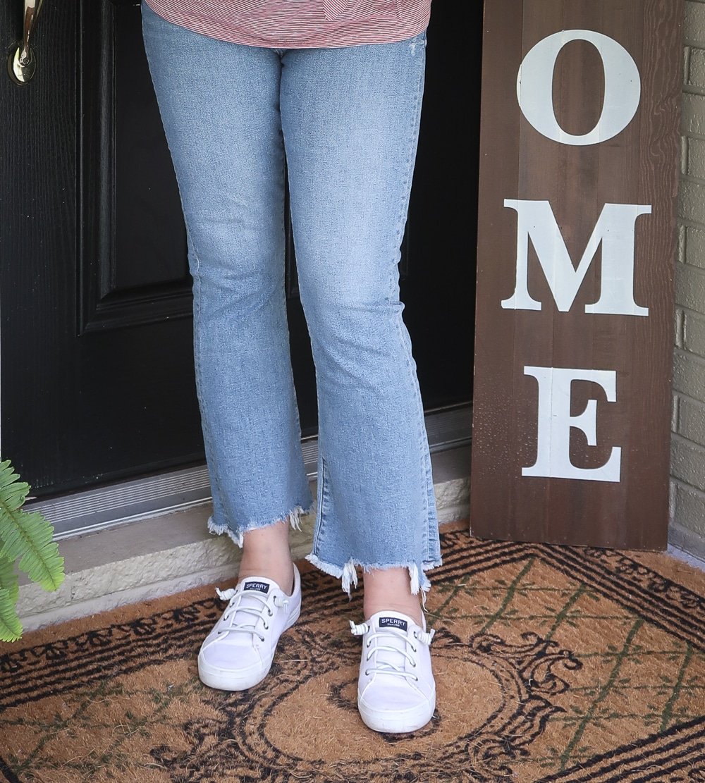 Fashion Blogger 50 Is Not Old is ready for celebrating Labor Day in her distressed jeans, and Sperry sneakers
