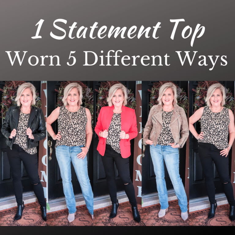 Fashion Blogger 50 Is Not Old is wearing a leopard print statement top and showing you how it can be worn in 5 different ways