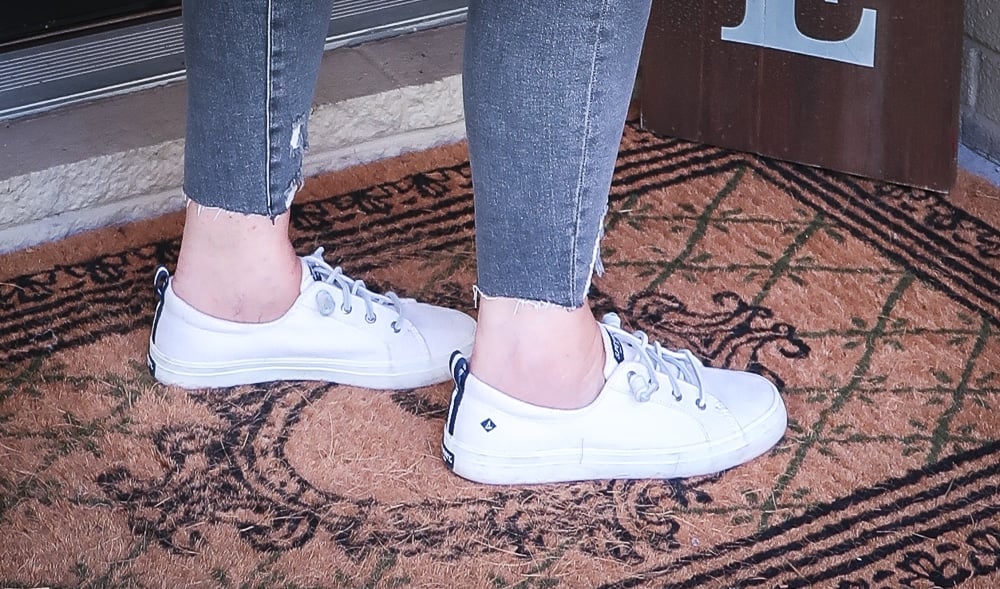Fashion Blogger 50 Is Not Old is wearing a pair of Sperry Crest Vibe sneakers