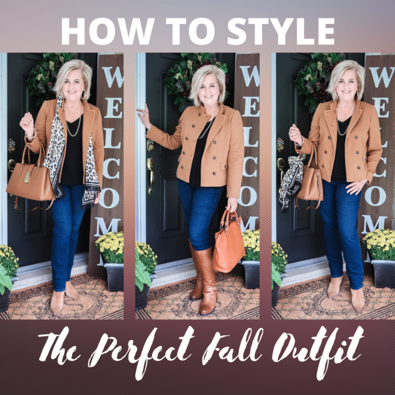 Fashion Blogger 50 Is Not Old is wearing a Camel jacket, a leopard print scarf, and black v-neck top, straight leg jeans, ankle boots, and carrying a Calvin Klein satchel tote three ways