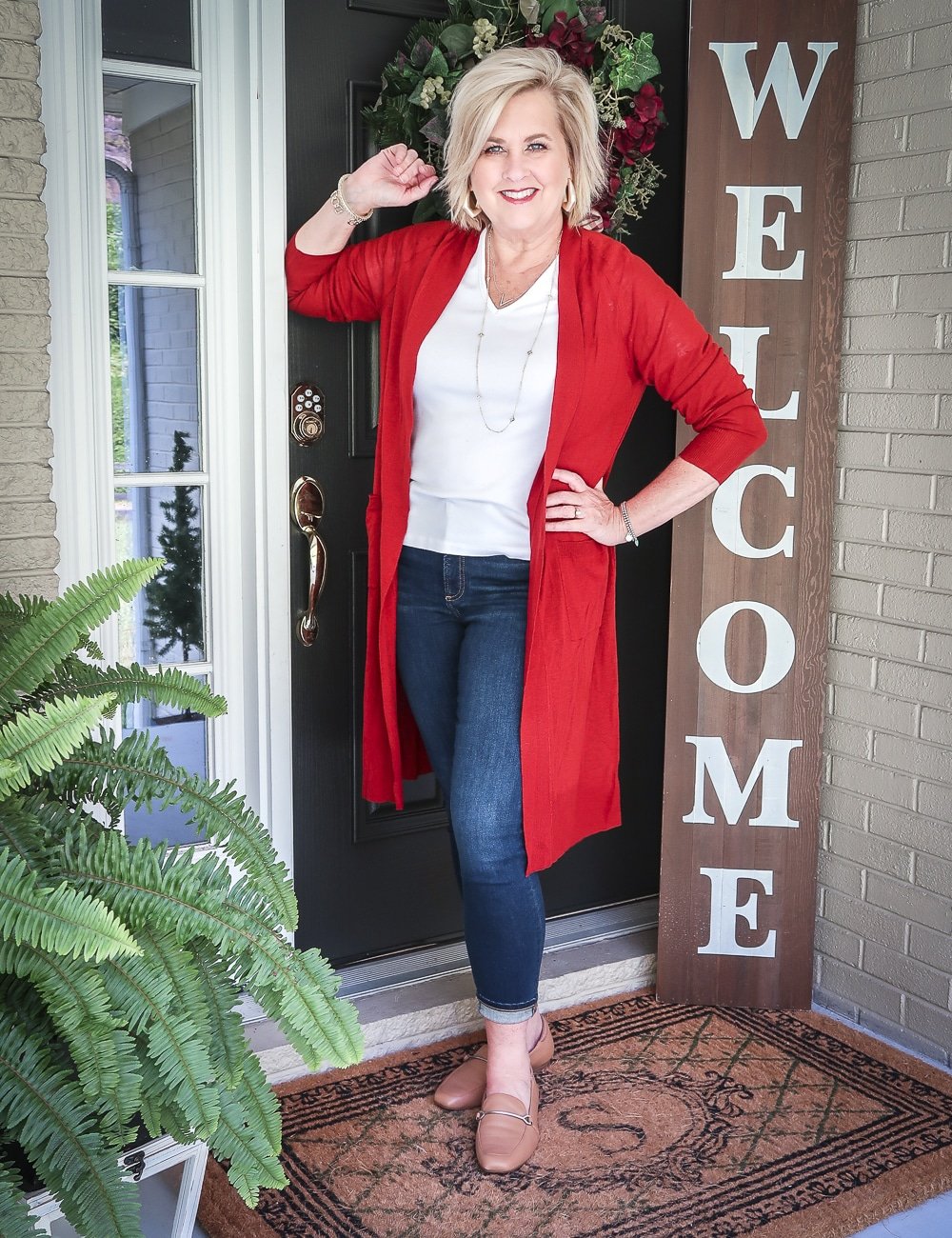 Fashion Blogger 50 Is Not Old is doing a Tuesday Try-On Session with Target and styling a red duster with a white v-neck tee shirt