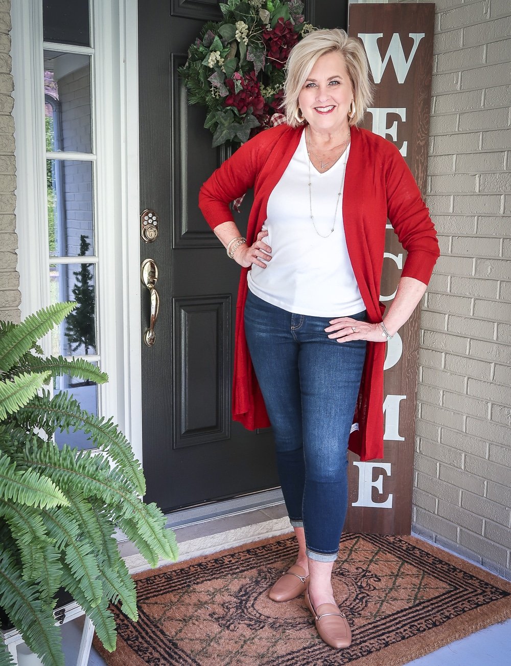 Fashion Blogger 50 Is Not Old is doing a Tuesday Try-On Session with Target and styling a red duster, a white v-neck tee shirt, and ankle jeans from Chicos