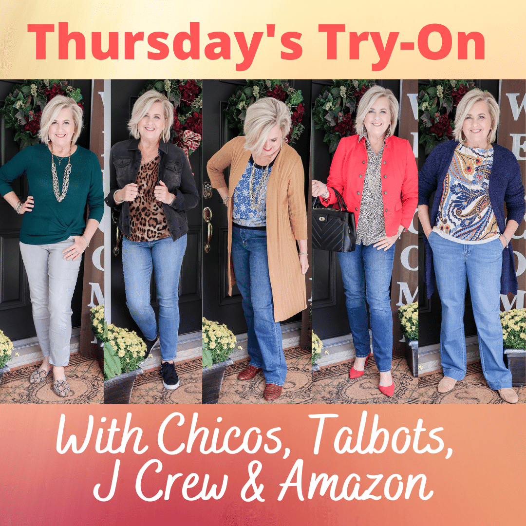 Fashion Blogger 50 Is Not Old in a fall try-on session showing five different outfits