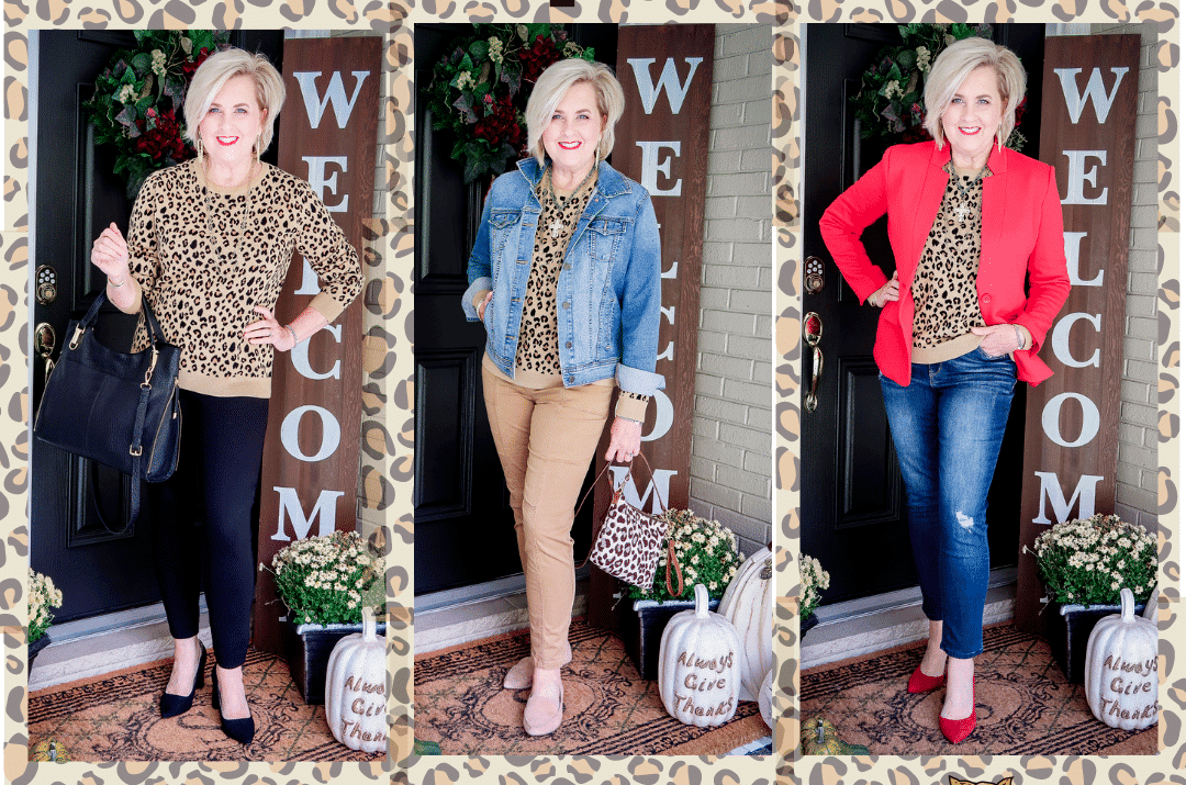 Fashion Blogger 50 Is Not Old is styling a leopard print sweater in three different ways