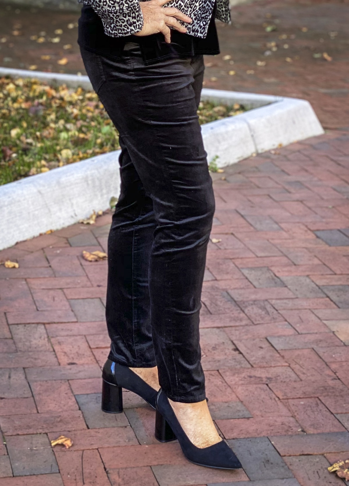 Fashion Blogger 50 Is Not Old is wearing black velvet jeggings from Chico's