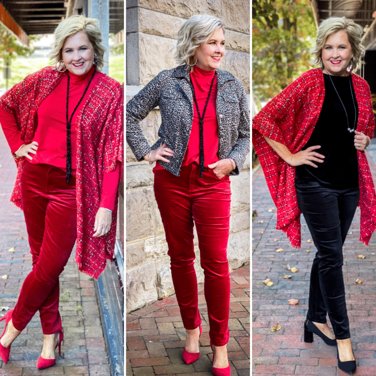 Fashion Blogger 50 Is Not Old is wearing 3 different outfits using red and black velvet from Chico's
