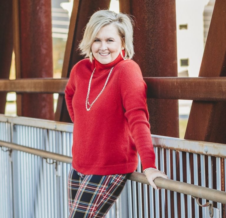 Fashion Blogger 50 Is Not Old is looking festive in this red turtleneck sweater