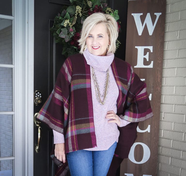 Fashion Blogger, 50 Is Not Old, is ready for Thanksgiving with this colorful plaid wrap, lilac cowl neck sweater