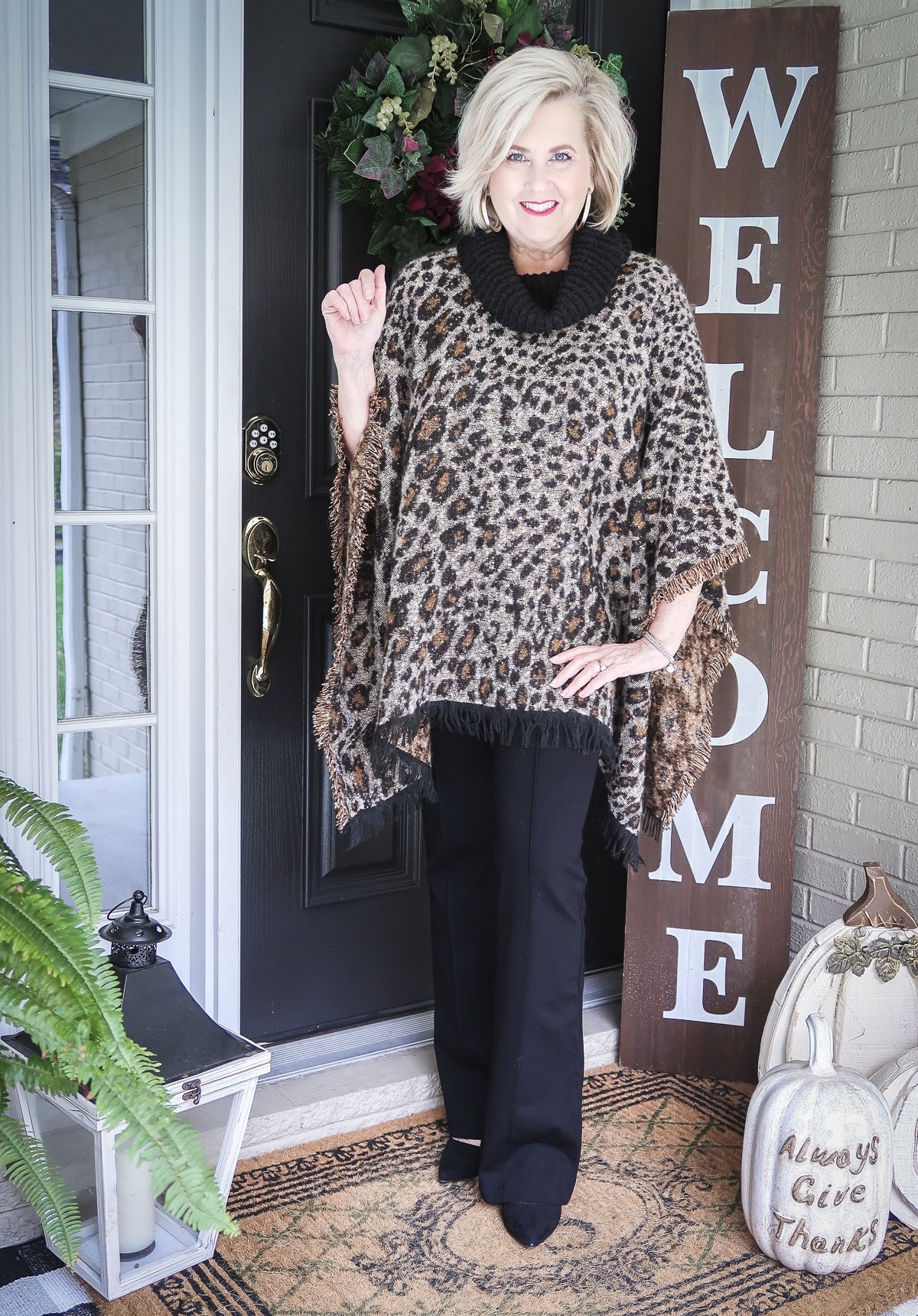 Fashion Blogger, 50 Is Not old is looking stylish in this cowl neck leopard print poncho from Walmart