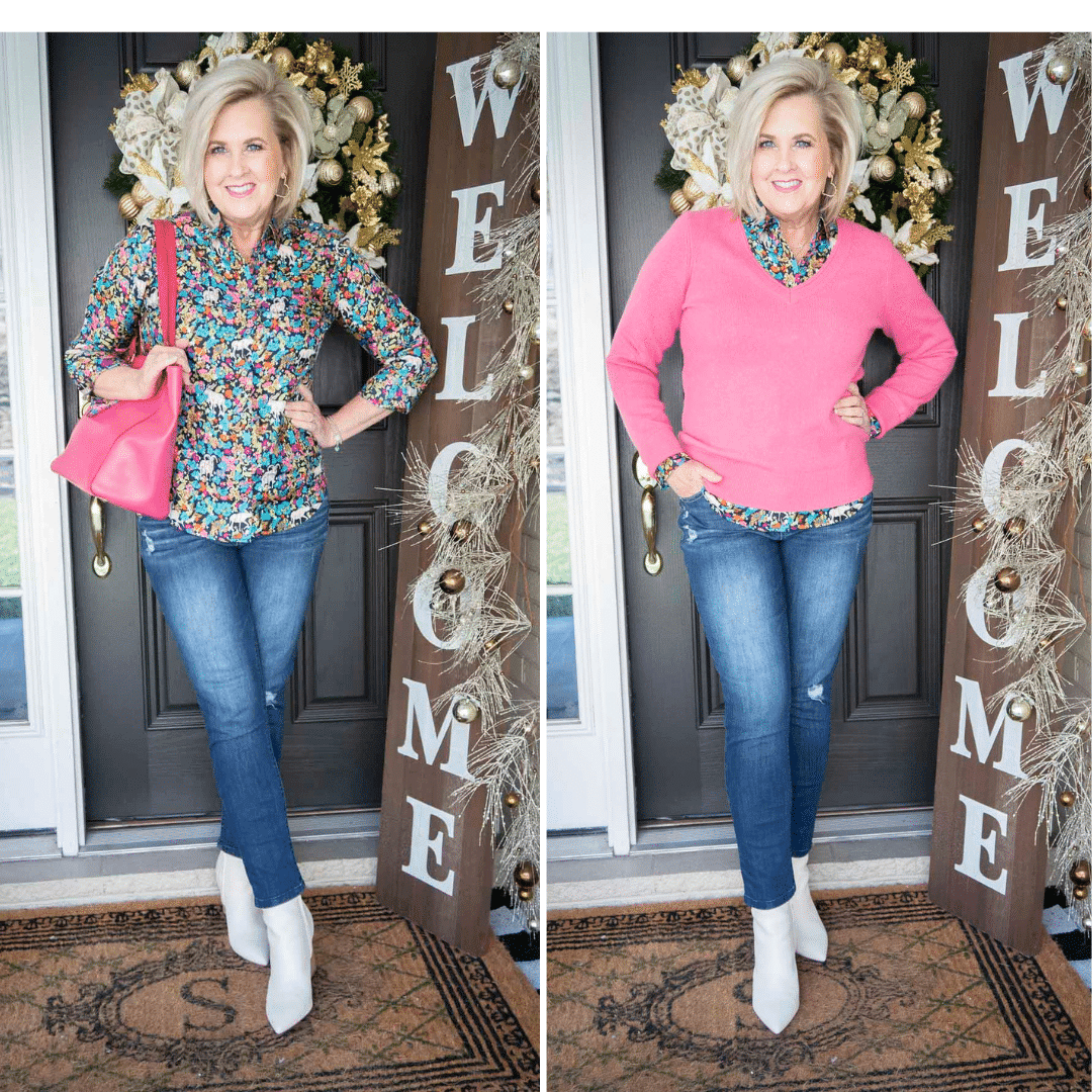 Fashion Blogger 50 Is Not Old is showing a brightly printed shirt with and without a pink v-neck sweater, and pair of distressed skinny jeans, and a pair of white ankle boots