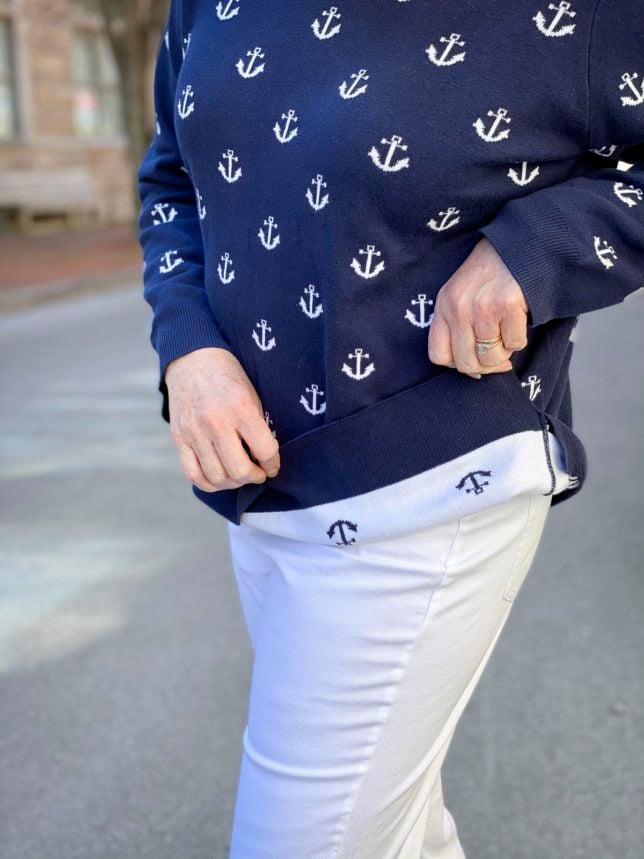 Fashion Blogger 50 Is Not Old is showing that this navy sweaters with white anchors is double-lined