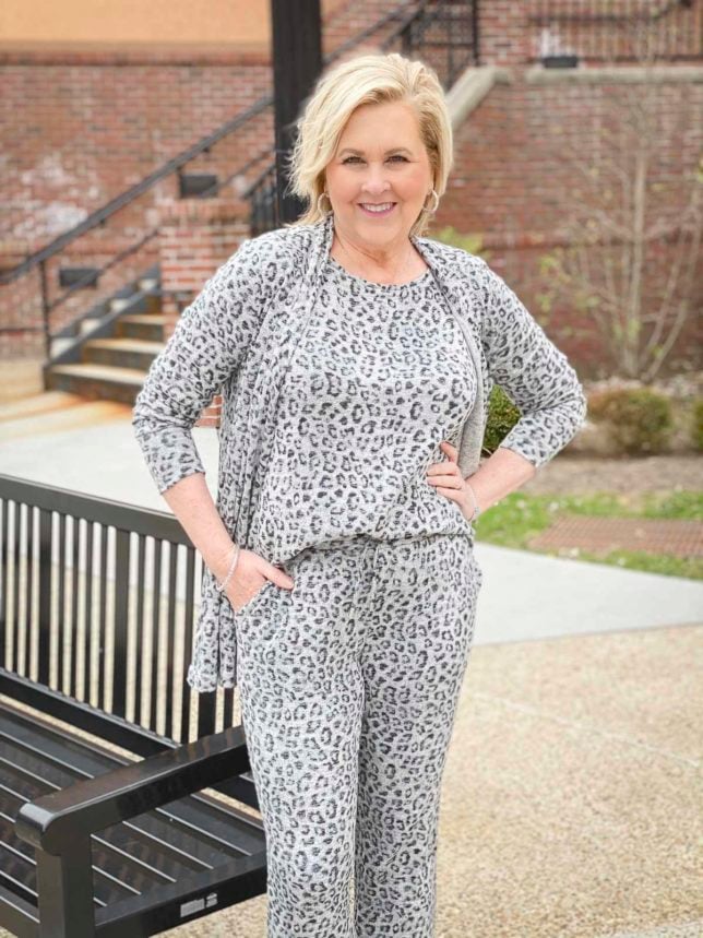 Fashion Blogger 50 Is Not Old is wearing animal print luxe loungewear from Chico's