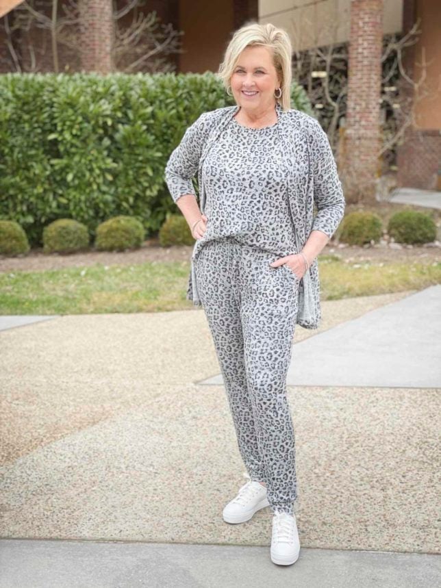 Fashion Blogger 50 Is Not Old is wearing animal print loungewear from Chico's and Ked's platform sneakers