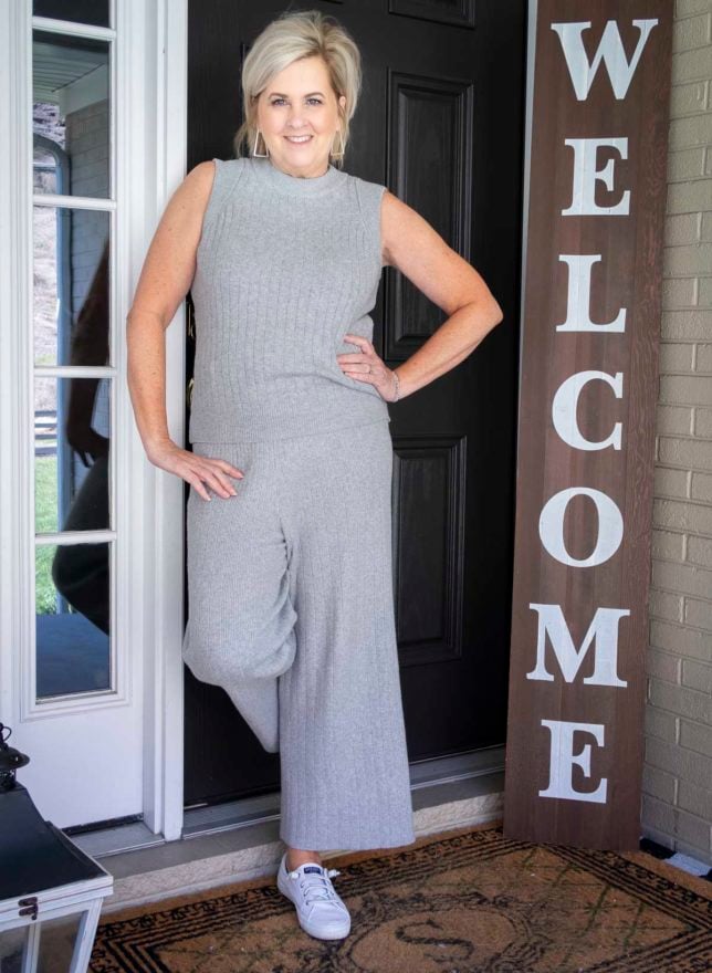 Fashion Blogger 50 Is Not Old is wearing a gray cropped loungewear set from Target with Sperry sneakers