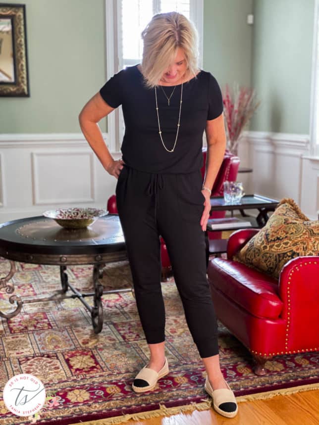 Fashion Blogger 50 Is Not Old is wearing a one and done jumpsuit with a pair of two-toned espadrilles from Target