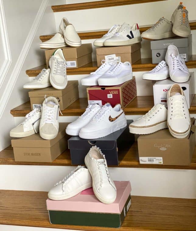Fashion Blogger 50 Is Not Old is trying on lots of white sneakers for summer