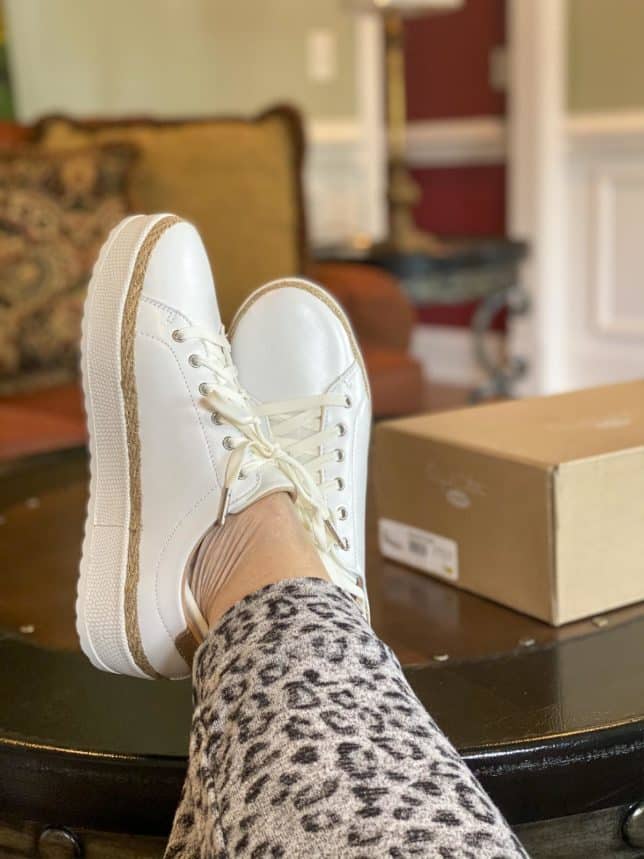 Fashion Blogger 50 Is Not Old is wearing Dr. Scholl's white sneakers for summer