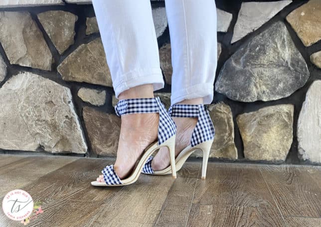 Fashion Blogger 50 Is Not Old is showing her gingham bow heels