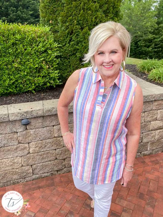 Fashion Blogger 50 Is Not Old will be cool this Memorial Day in a 100% linen striped tunic top from Chico's