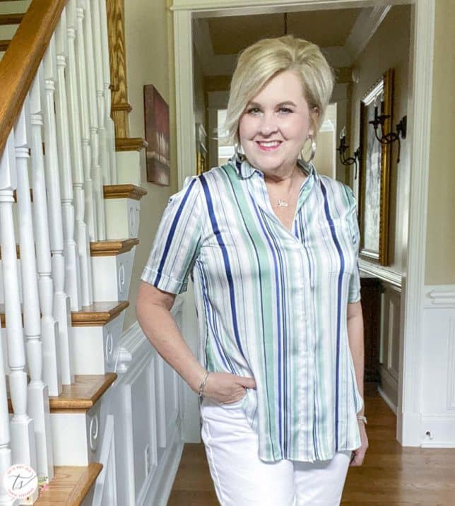 Fashion Blogger 50 Is Not Old is wearing a silky striped top